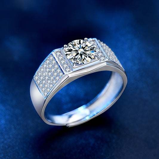 Adjustable sterling silver men’s ring with 1 ct round moissanite, top view