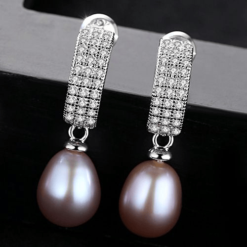 Purple freshwater pearl dangle earrings with pavé-CZ huggies in sterling silver.