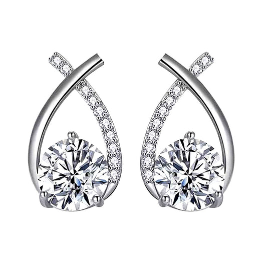 White-background packshot of ribbon-twist moissanite stud earrings in rhodium-plated 925 sterling silver with pavé CZ