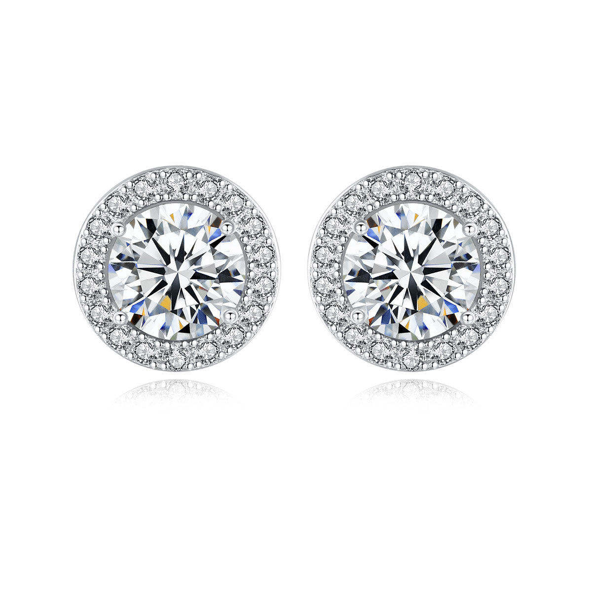 Round halo moissanite stud earrings in rhodium-plated 925 sterling silver.