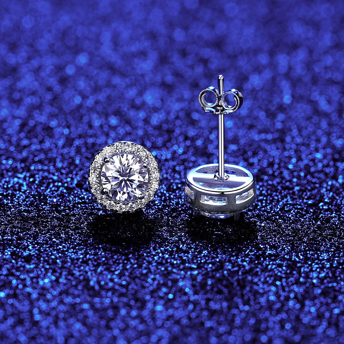 Front and back view of halo moissanite stud with butterfly back.