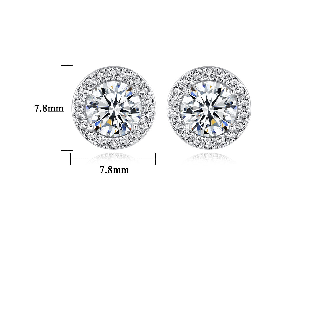 Moissanite halo stud earrings size guide with 7.8 mm diameter.