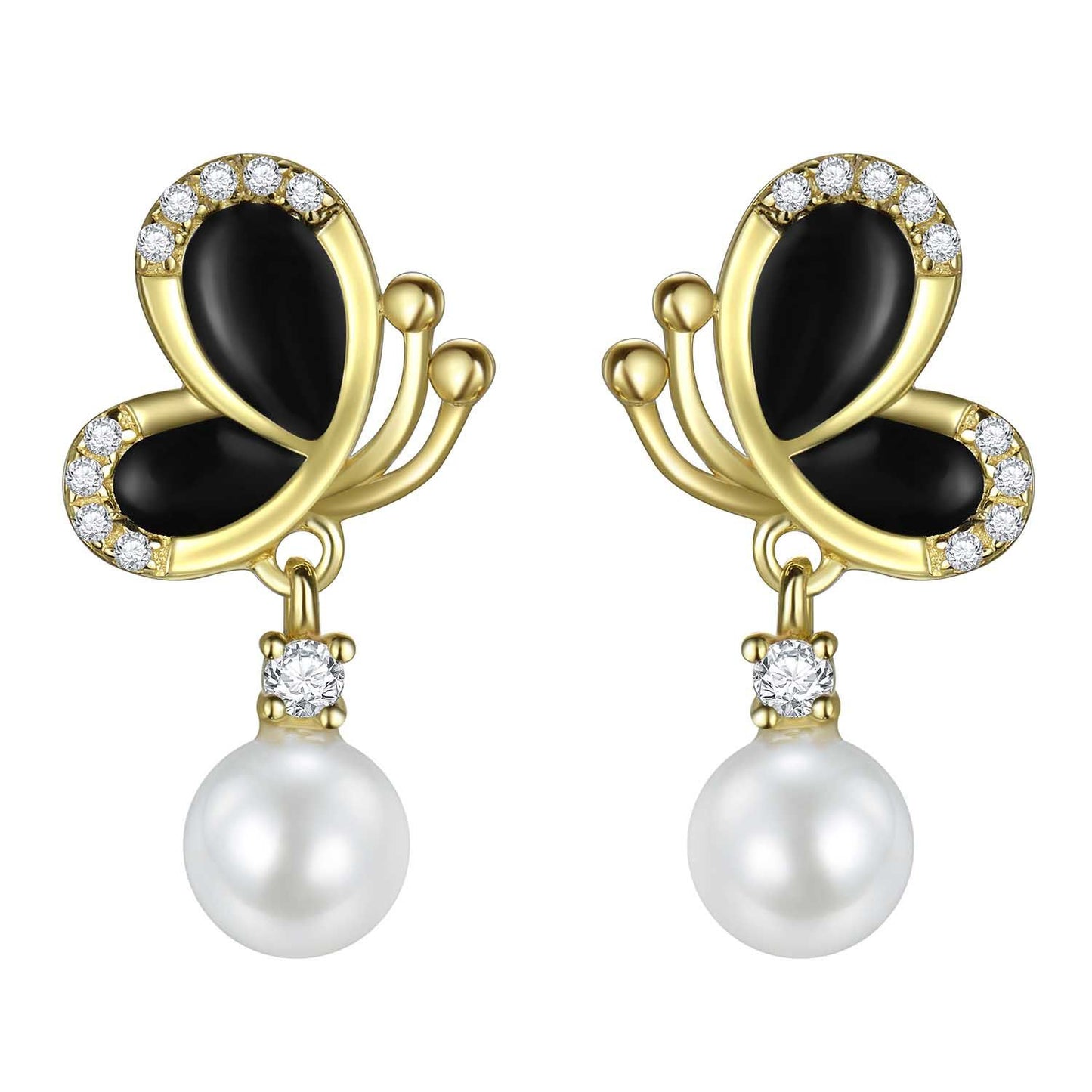 Black enamel butterfly pearl dangle earrings in 18K gold-plated 925 silver with CZ accents, front view.