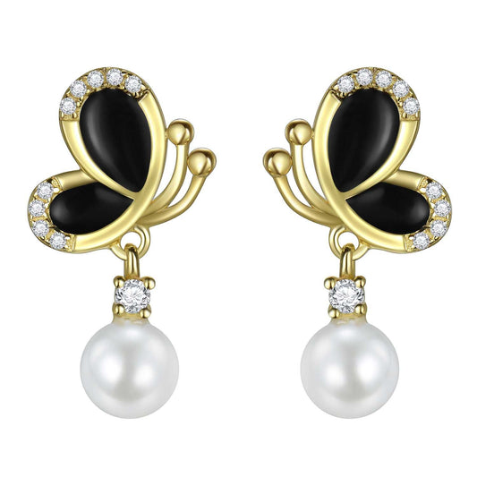 Black enamel butterfly pearl dangle earrings in 18K gold-plated 925 silver with CZ accents, front view.