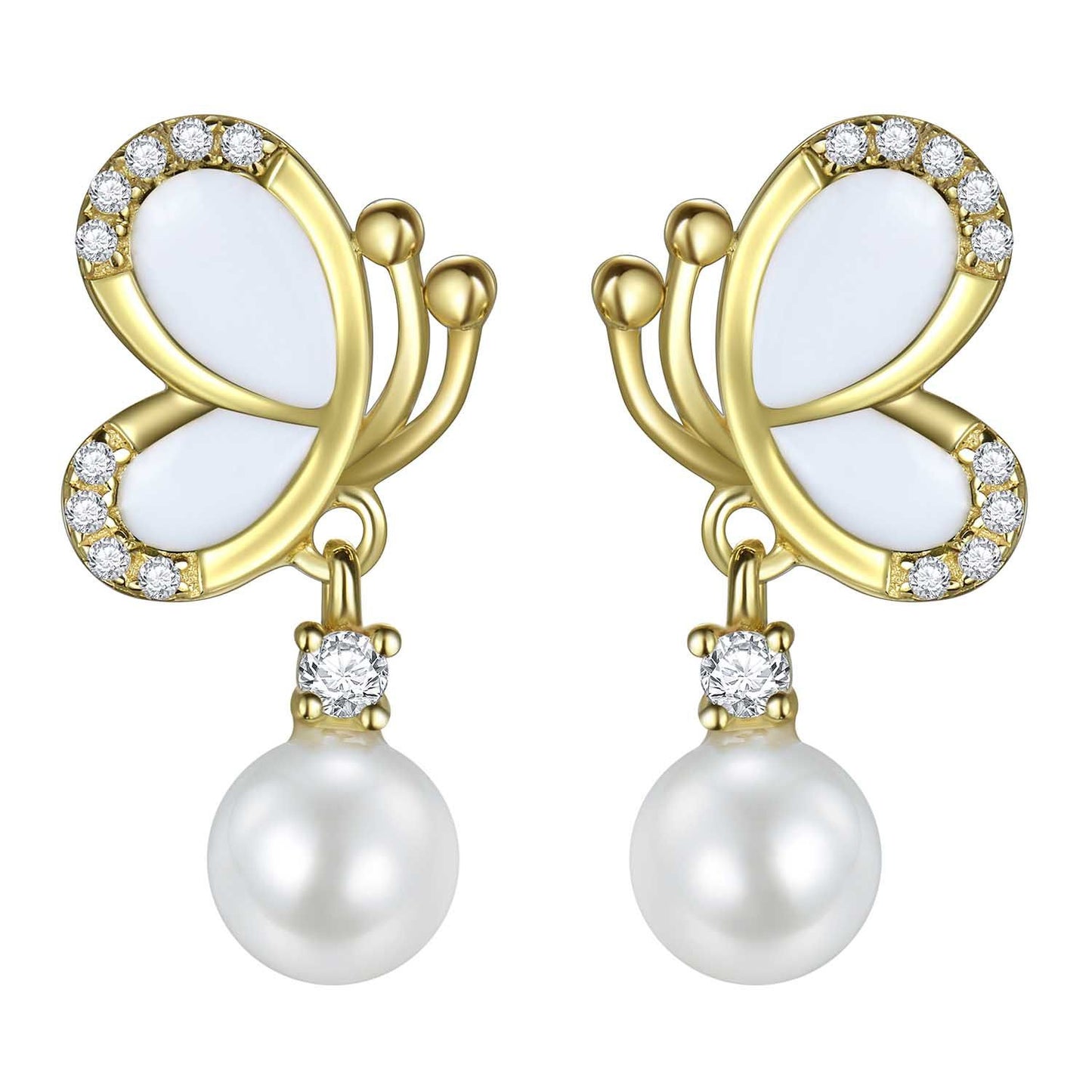 White enamel butterfly pearl dangle earrings in 18K gold-plated 925 silver with CZ accents, front view.