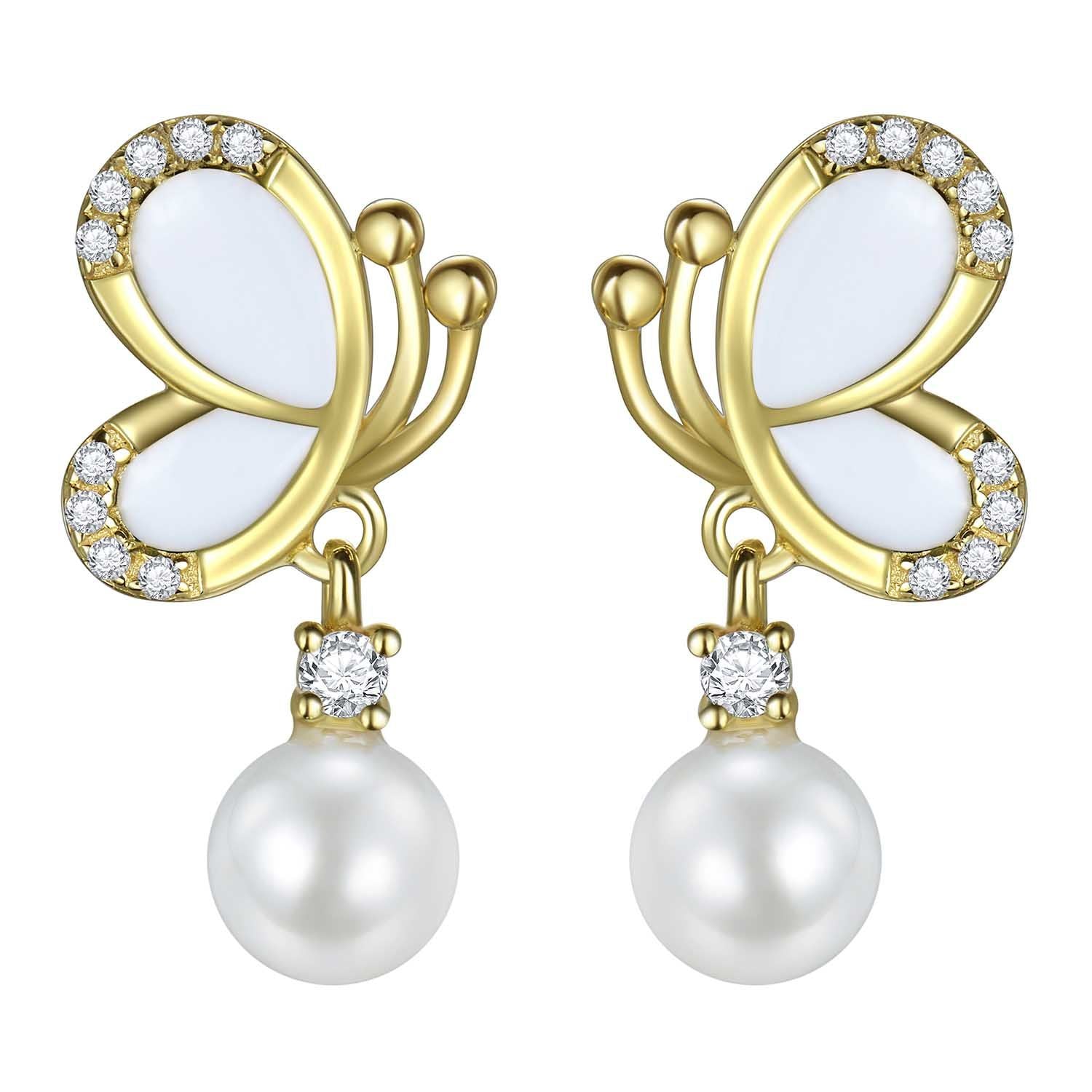 White enamel butterfly pearl dangle earrings in 18K gold-plated 925 silver with CZ accents, front view.