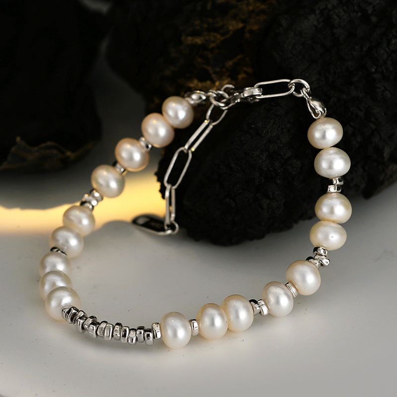 Sterling silver baroque pearl bracelet with rhodium finish and paper-clip extender