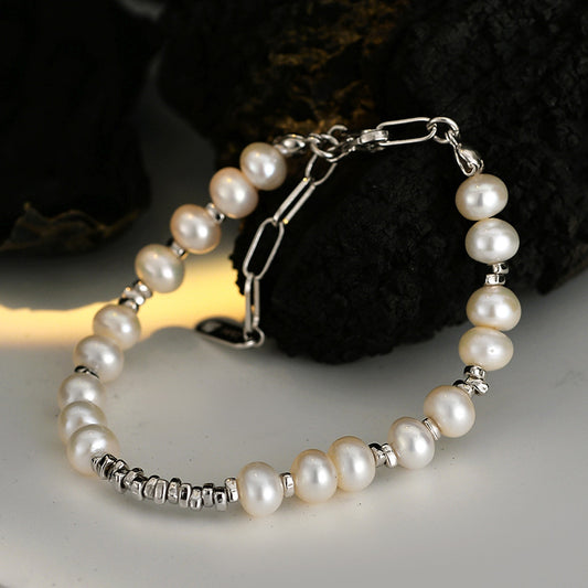 Sterling silver baroque pearl bracelet with rhodium finish and paper-clip extender