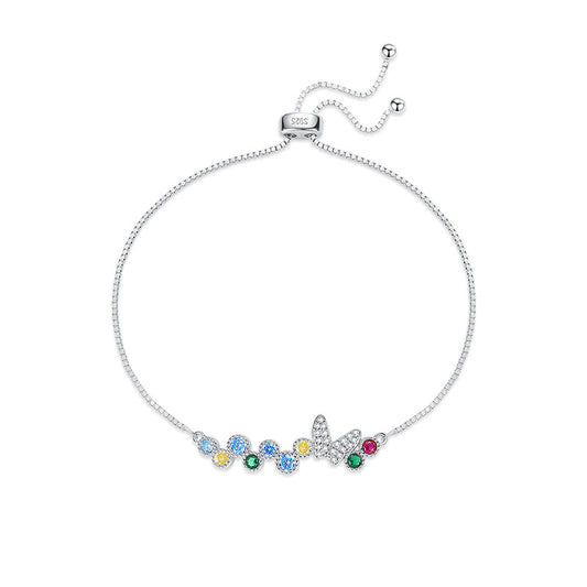 Product view of 925 sterling silver adjustable bolo bracelet with pavé butterfly and multicolor CZ stones.