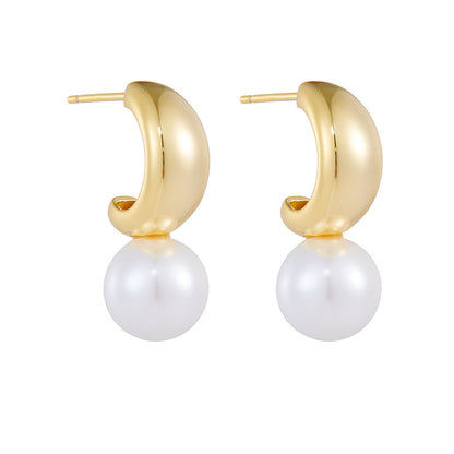 Gold-finish C-hoop created pearl dangle earrings in 925 sterling silver — close-up
