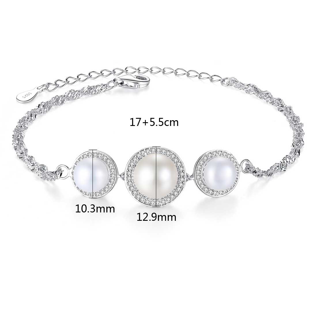 Bracelet size guide showing pearls 12.9 mm / 10.3 mm and 17 + 5.5 cm length