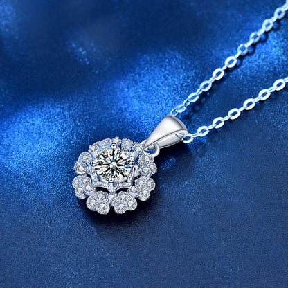 Side view close-up of floral Moissanite pendant necklace highlighting sparkle and craftsmanship