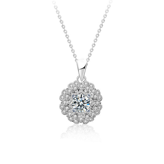 Clear studio image of sterling silver Moissanite floral pendant necklace against white background