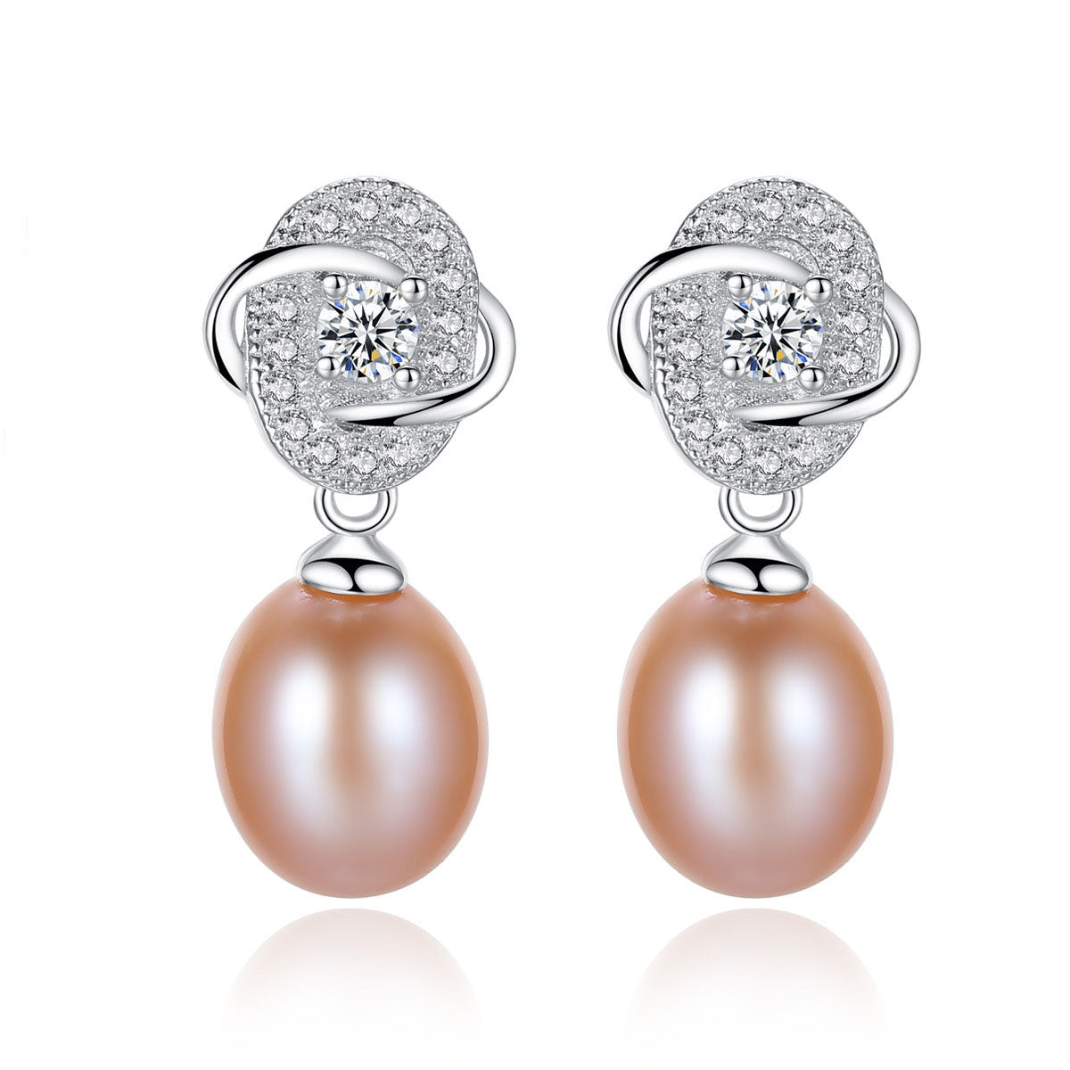 Freshwater pink pearl CZ dangle earrings in rhodium-plated 925 sterling silver, front view