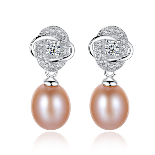 Freshwater pink pearl CZ dangle earrings in rhodium-plated 925 sterling silver, front view