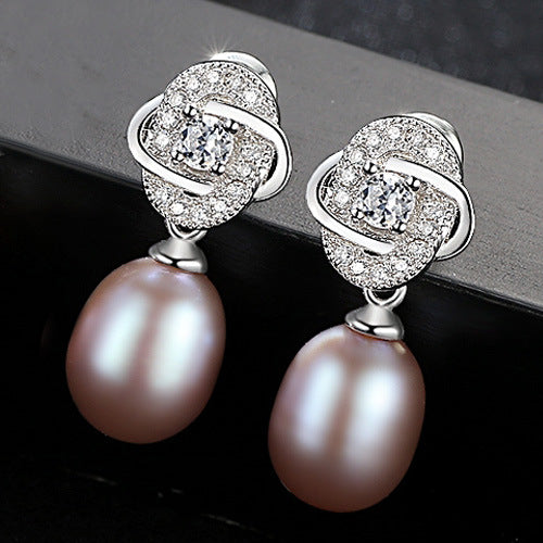 Purple freshwater pearl CZ dangle earrings in rhodium-plated 925 sterling silver.