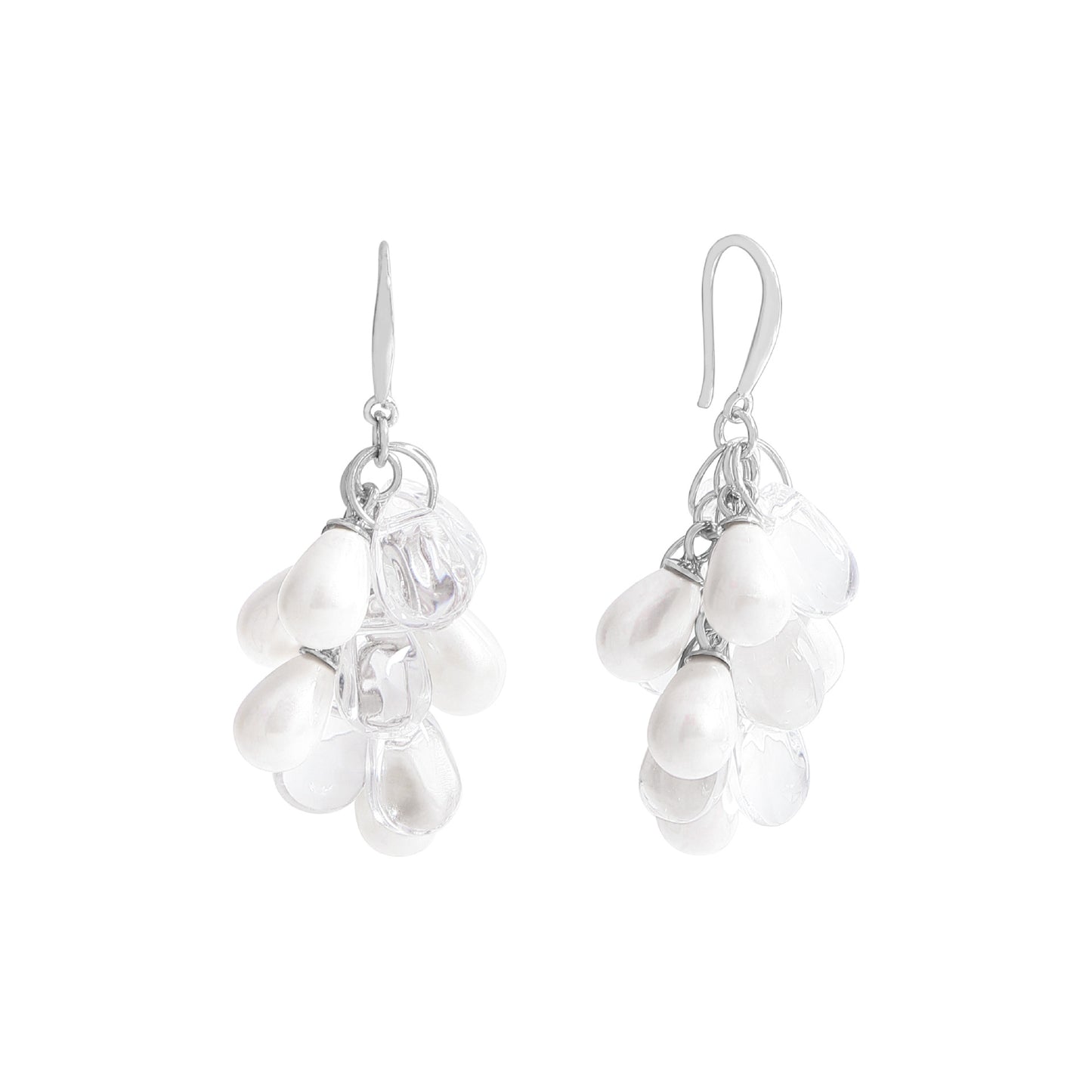 Studio packshot of grape-cluster shell-pearl dangle earrings in rhodium-plated 925 sterling silver on a white background.