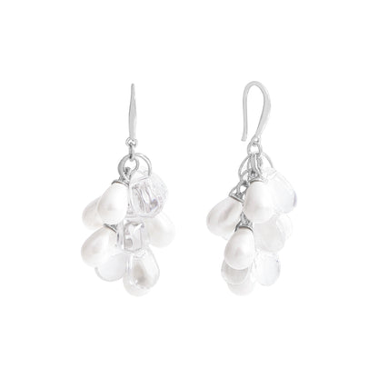 Studio packshot of grape-cluster shell-pearl dangle earrings in rhodium-plated 925 sterling silver on a white background.