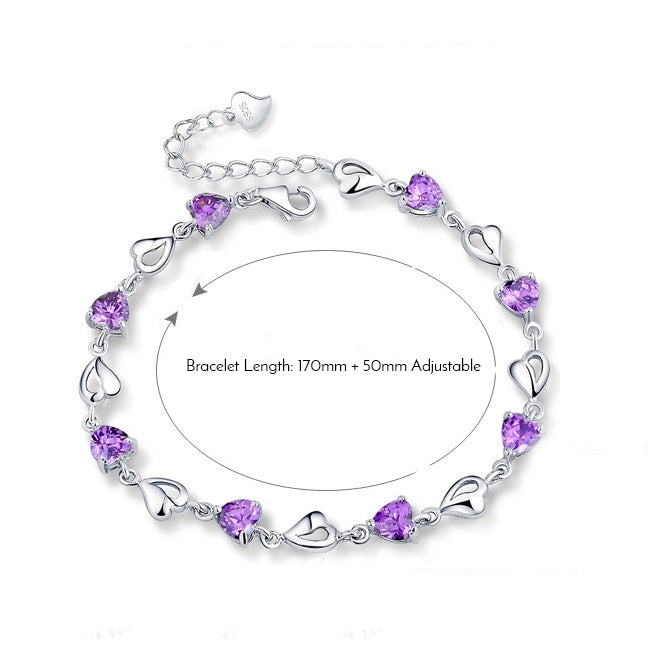 Purple heart-cut CZ sterling-silver bracelet with heart links and adjustable 170 mm + 50 mm extender