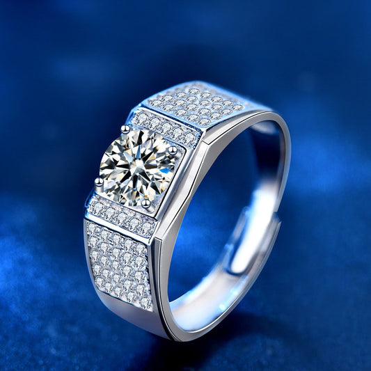 Men’s moissanite ring with CZ micro pavé, wide 925 silver band, angled view