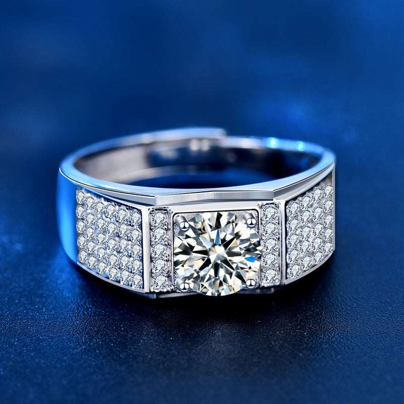  Front close-up of wide men’s moissanite ring with pavé CZ shoulders