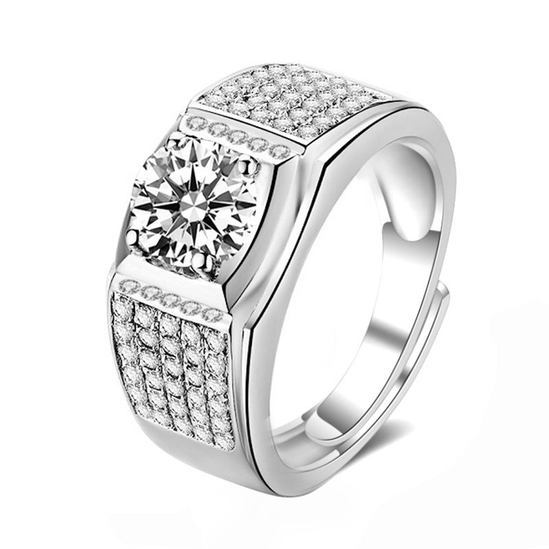 Studio image of men’s moissanite CZ wide ring in polished 925 silver on white