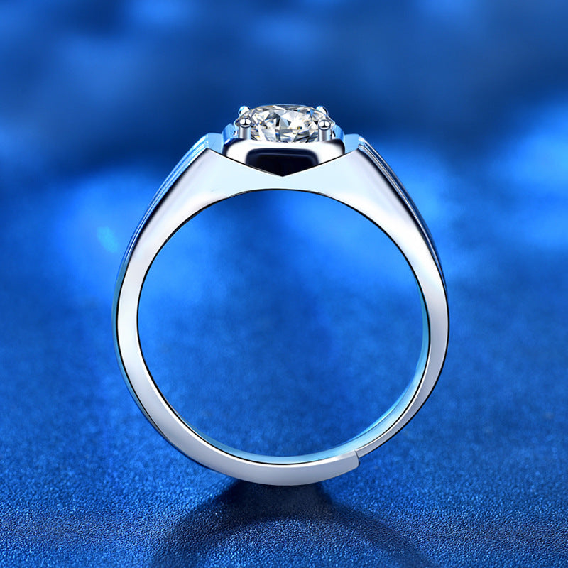 Side profile of men’s moissanite signet ring in polished 925 sterling silver, showing the raised center and smooth interior.