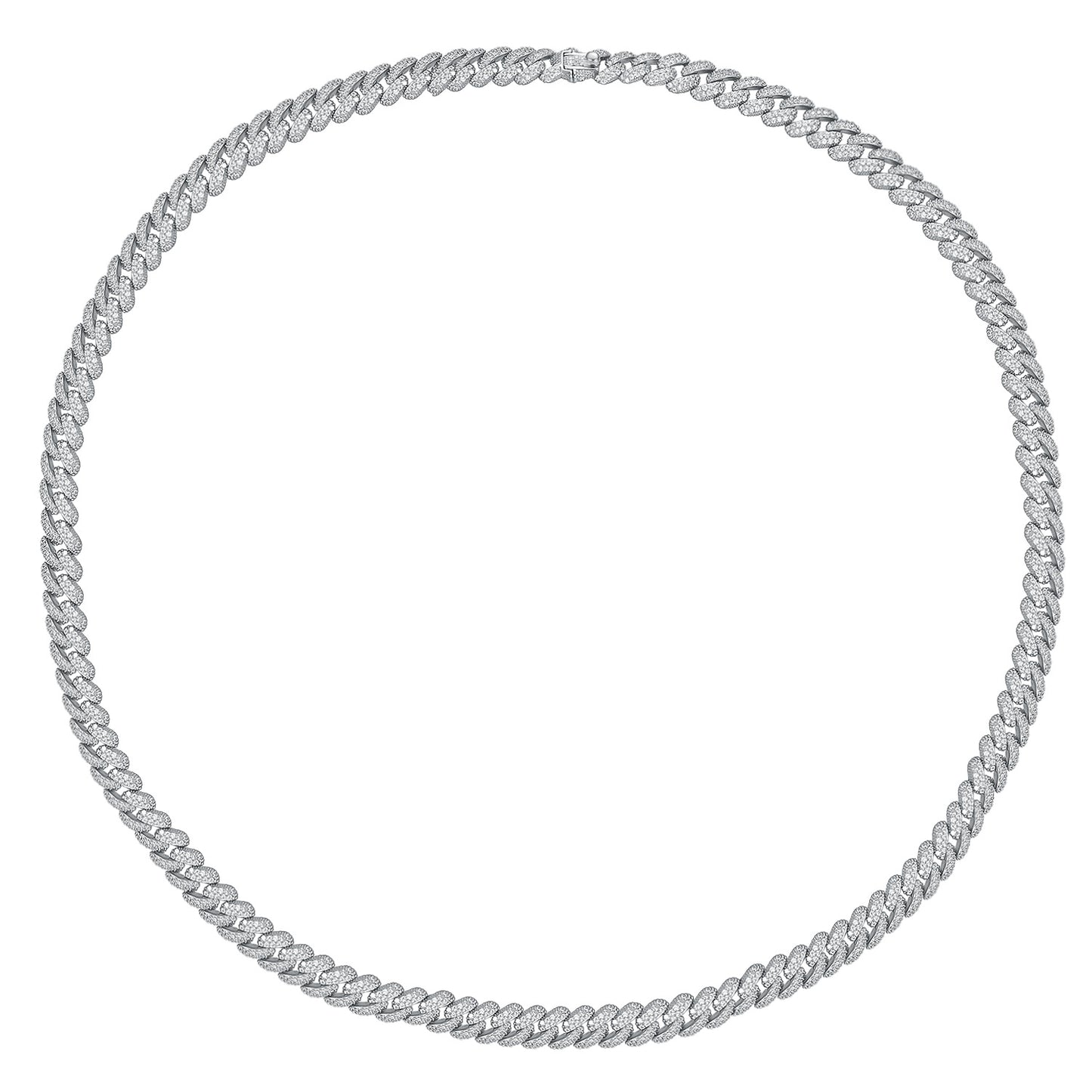 Circular display of silver iced CZ curb chain necklace on white background
