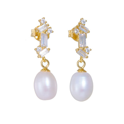 Front view of gold-finish pearl CZ dangle earrings