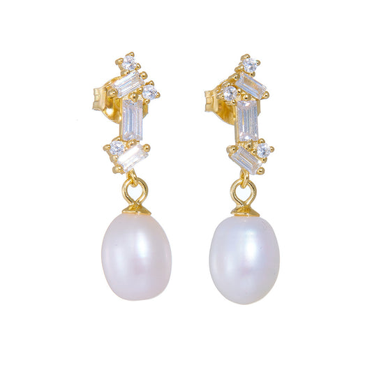 Front view of gold-finish pearl CZ dangle earrings