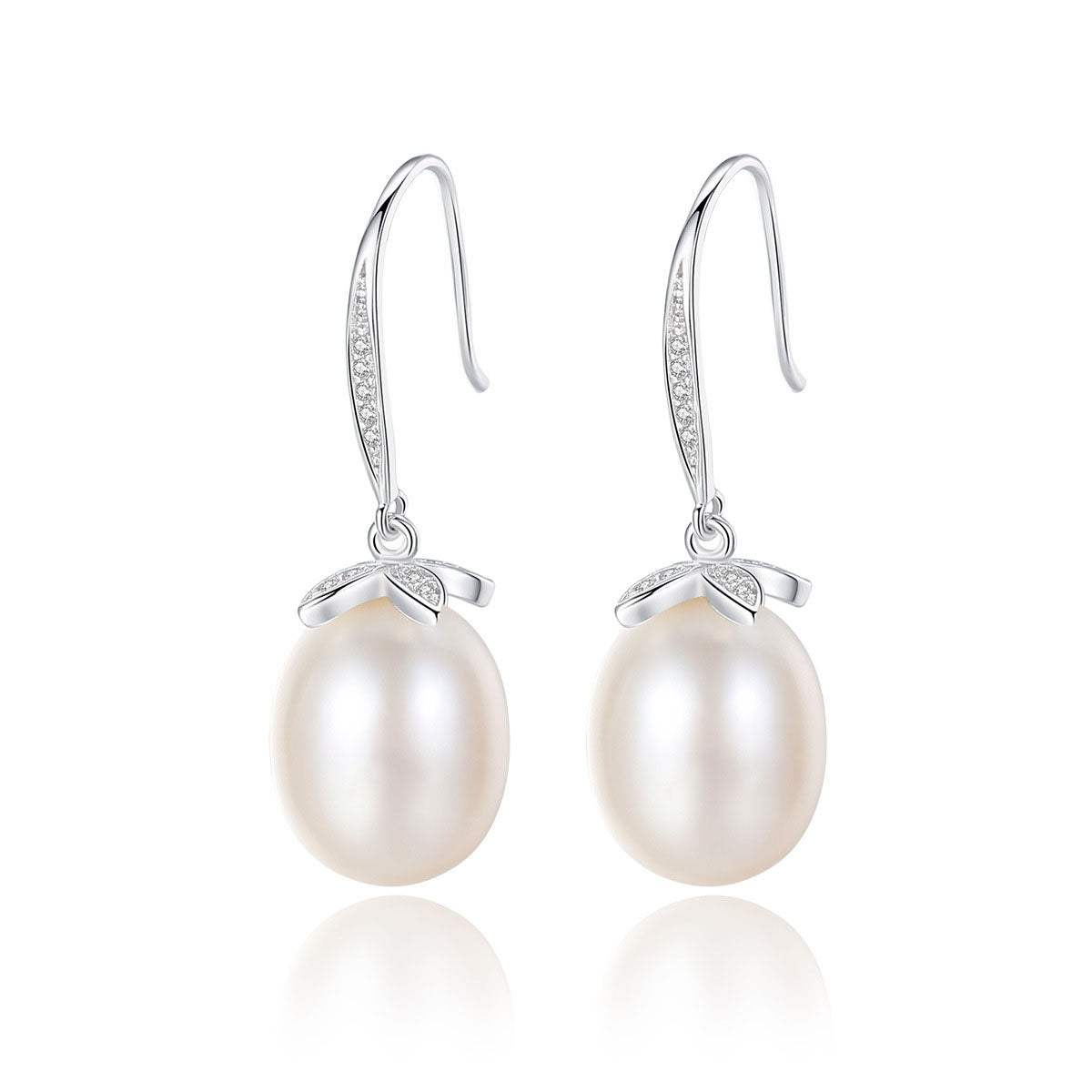Natural pearl CZ leaf dangle earrings in rhodium-plated 925 sterling silver – front view.