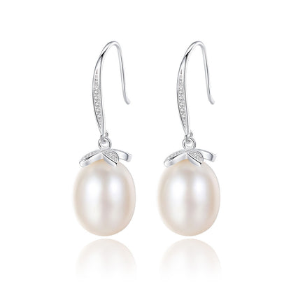Natural pearl CZ leaf dangle earrings in rhodium-plated 925 sterling silver – front view.