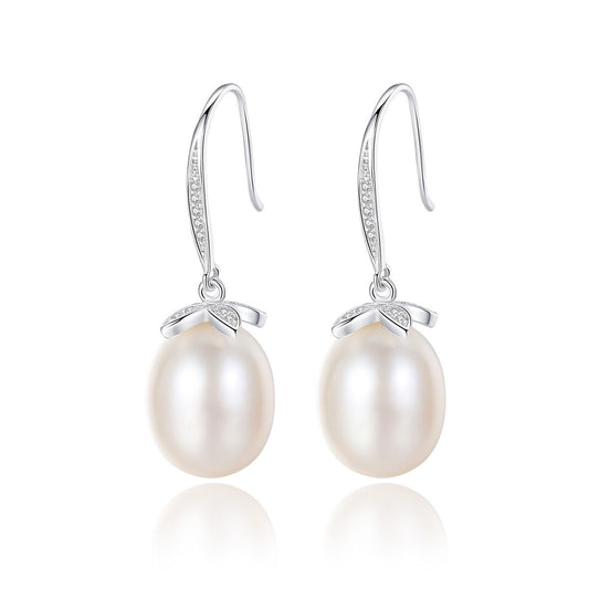 Natural pearl CZ leaf dangle earrings in rhodium-plated 925 sterling silver – front view.