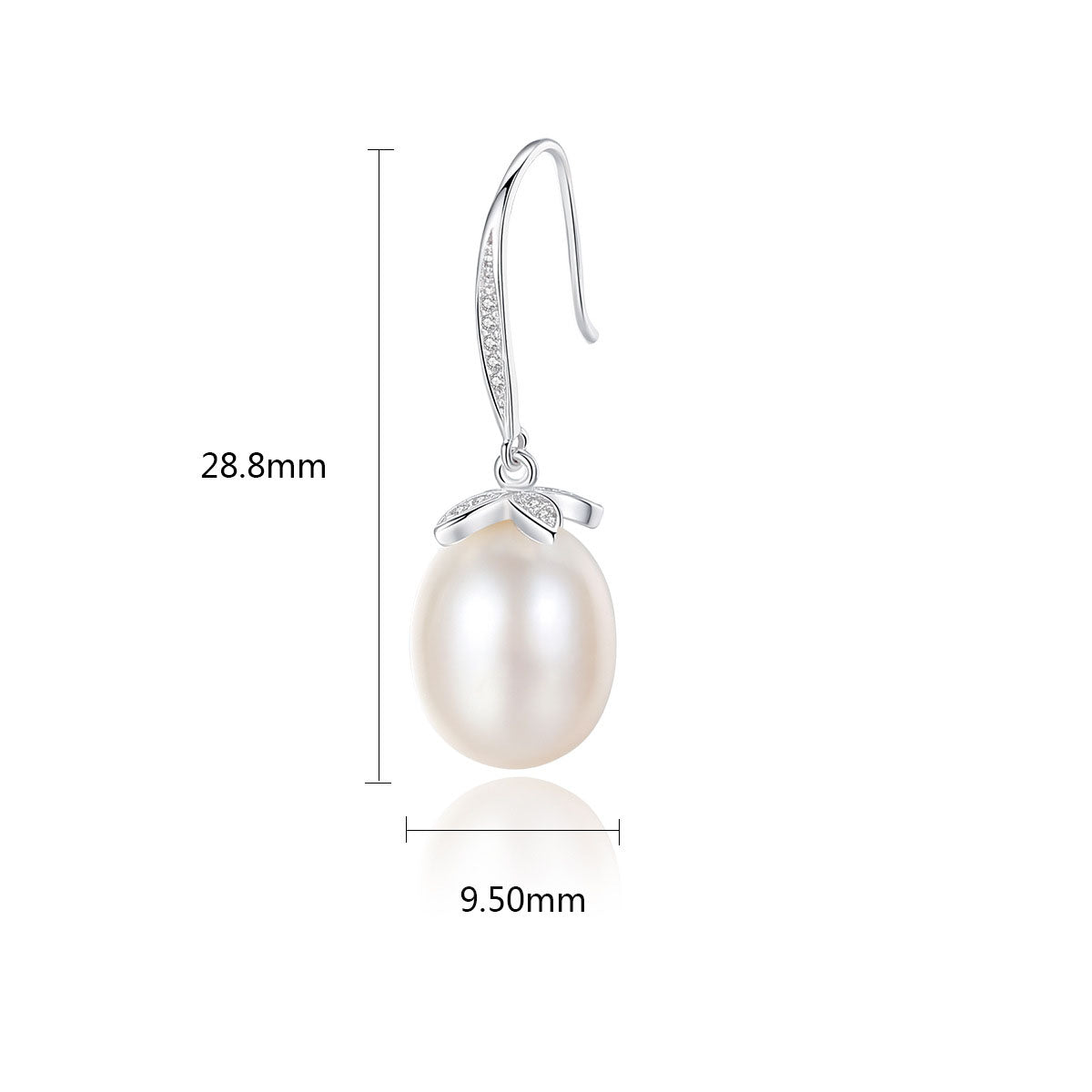 Pearl dangle earring size guide – 28.8 mm drop and 9.5 mm pearl width.