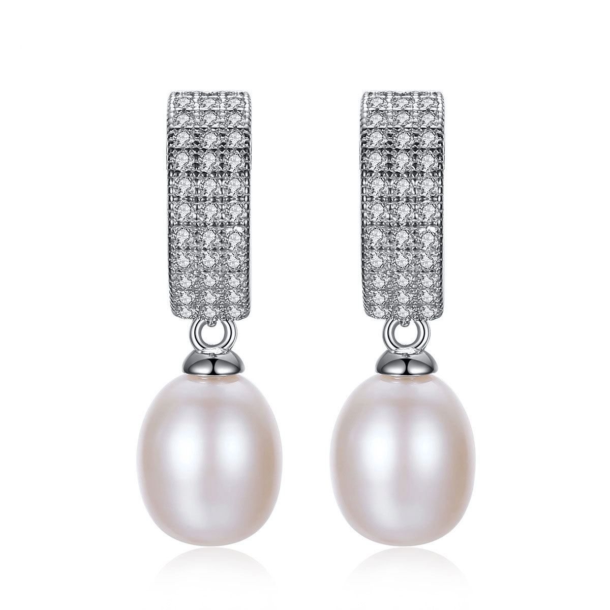 Front view of oval freshwater pearl dangle earrings with pavé CZ in 925 sterling silver.
