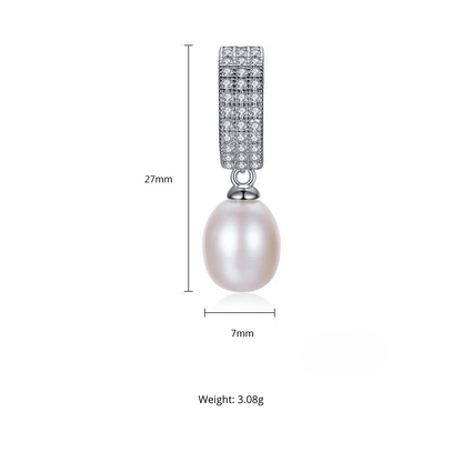 Size guide showing the drop and oval pearl width for freshwater pearl dangle earrings.