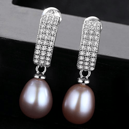 Purple freshwater pearl dangle earrings with pavé-CZ huggies in sterling silver.