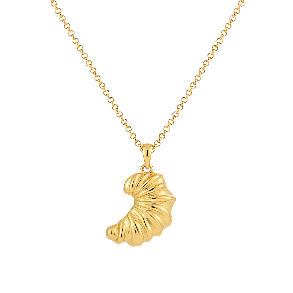 Product shot of gold croissant pendant necklace on a chain