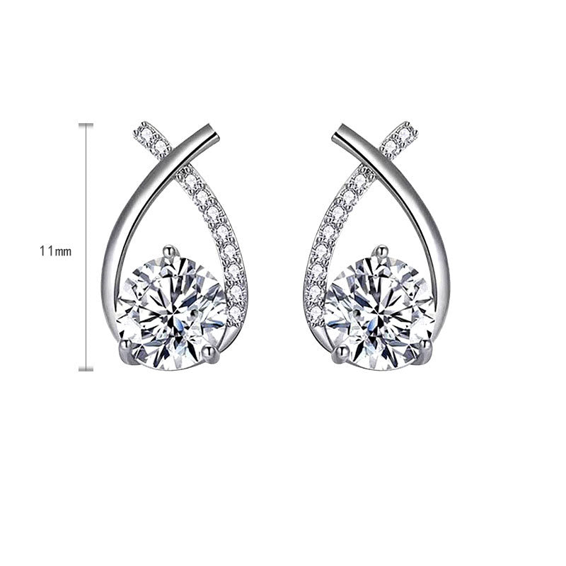 Size guide showing 11 mm ribbon-twist moissanite stud earrings in rhodium-plated sterling silver with pavé CZ accents