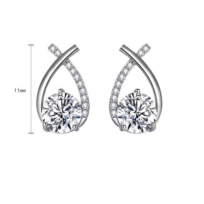 Size guide showing 11 mm ribbon-twist moissanite stud earrings in rhodium-plated sterling silver with pavé CZ accents