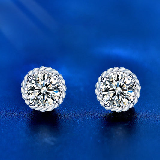 Front view of rope-halo moissanite stud earrings in 925 sterling silver