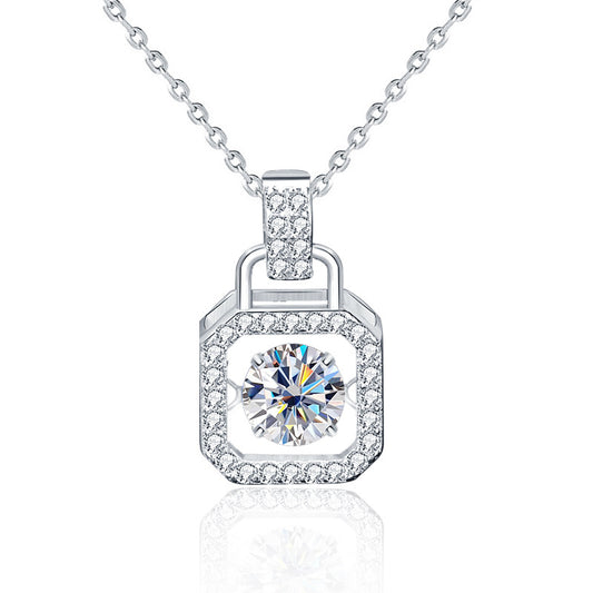 Studio image of sterling silver padlock pendant with moissanite and CZ stones.