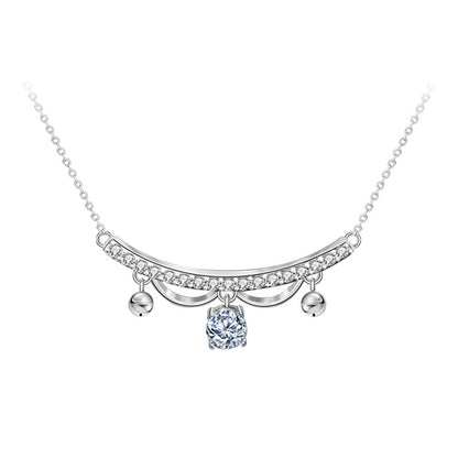 Studio product image of sterling silver moissanite and CZ lace tassel drop necklace on white background.