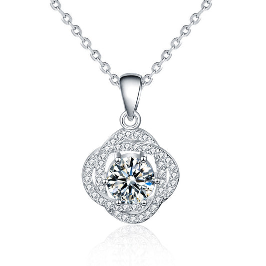 Isolated product shot of 1 carat moissanite rose flower pendant necklace in 925 sterling silver on white background