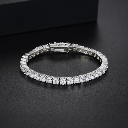 Unisex CZ tennis bracelet in rhodium plated 925 sterling silver on black background