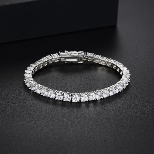 Unisex CZ tennis bracelet in rhodium plated 925 sterling silver on black background