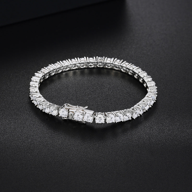 Close view of 925 silver CZ tennis bracelet with secure clasp and polished finish.