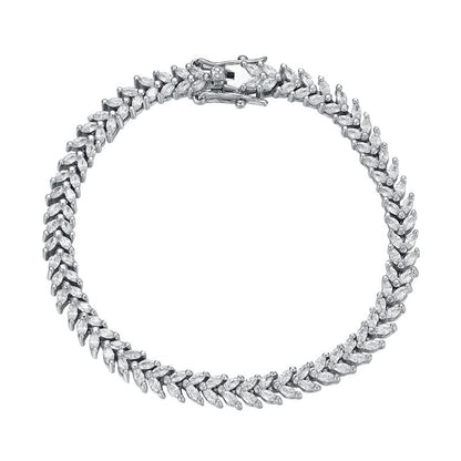 Product shot of rhodium-plated wheat-link CZ bracelet on white
